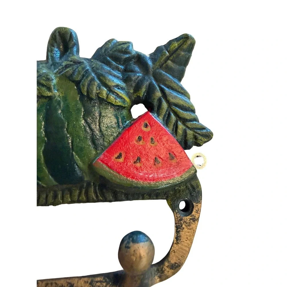Cast Iron Watermelon Wall Hook Double Rack Rustic Fruit Decor Green Red Bronze